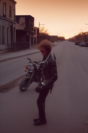 A motorcycle rider, dressed in leather jacket, boots, and adorned with chains, plays a guitar with skull-like facial features amidst the decay of an abandoned city street in the old west. The worn asphalt and crumbling buildings serve as a gritty backdrop for the rebellious musician, illuminated by a warm orange glow of setting sun.