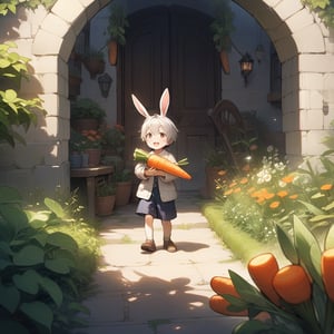 Apologies for the confusion. Here's a revised prompt:

A vibrant image of a young man in a sunny garden, watching a rabbit carrying a bundle of carrots towards him. The rabbit is depicted with the carrots in its mouth, its expression eager and playful. The young man stands with a look of surprise and delight. The setting is a well-maintained garden, with soft, natural lighting highlighting the textures of the plants and the carrots. The composition focuses on the interaction, with the garden's greenery providing a cheerful, inviting backdrop.
