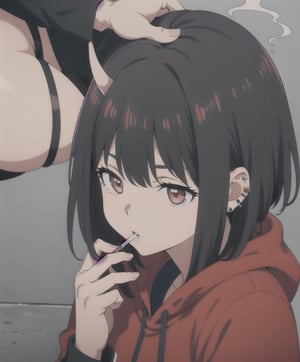 anime girl, horns on the head, black tattoos, piercings, short hair, smoking, black hair, 