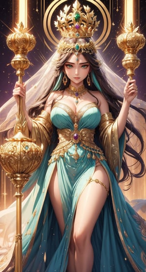 score_9, score_8_up, score_7_up,
Hera, in her idealized form before Zeus's betrayals, embodies royalty, majesty, and exquisite beauty. She is incredibly beautiful, with a perfectly proportioned figure, long, flowing hair of golden or dark brown hues, and deeply set eyes, often blue or green, full of wisdom. She wears richly adorned garments in shades of purple and white, embroidered with gold and silver, and adorns her head with a diadem or crown. Hera is adorned with jewelry adorned with precious stones such as rubies, emeralds, and diamonds.

Her character reflects wisdom, gentleness, and caring. She is just and resolute, striving to maintain order and balance. She exudes dignity and authority, being confident and graceful. Hera is a symbol of righteousness and honesty, always caring for harmony and unity in marriage and family.

Hera is often depicted with a peacock, her sacred bird, whose feathers symbolize immortality and greatness. She holds a pomegranate, a fruit full of seeds symbolizing fertility and abundance, and a scepter, which symbolizes her power and authority. Wearing a diadem or crown, she emphasizes her status as queen of the gods, and the lily, a symbol of purity and majesty, often accompanies her.