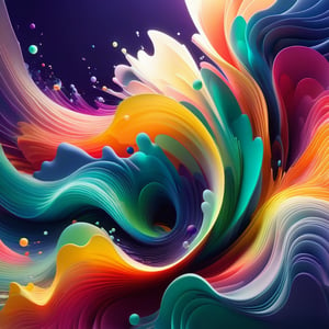 splash, waves, beams of light, minimalistic colourful organic forms, energy assembled, layered, depth, alive vibrant, 3D, abstract, floating particles