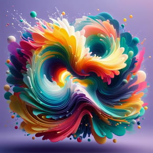 splash, swirly waves, beams of light, minimalistic colourful organic forms, energy assembled, layered, depth, alive vibrant, 3D, abstract, floating particles