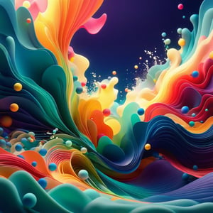 splash, waves, beams of light, minimalistic colourful organic forms, energy assembled, layered, depth, alive vibrant, 3D, abstract, floating particles