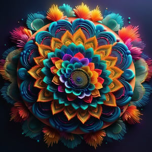 mandala, surrounded by floating particles, colourful organic forms, energy assembled, depth, alive vibrant, 3D, glowing, intricate details, octane render, photorealistic, dark background, soft natural light