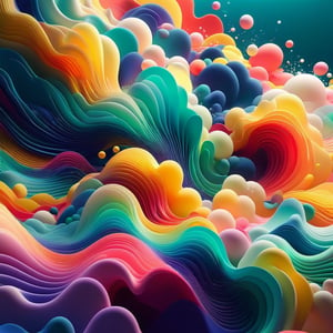 splash, waves, beams of light, minimalistic colourful organic forms, energy assembled, layered, depth, alive vibrant, 3D, abstract, floating particles
