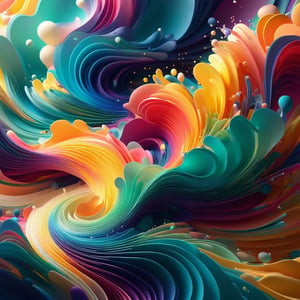 splash, swirly waves, beams of light, minimalistic colourful organic forms, energy assembled, layered, depth, alive vibrant, 3D, abstract, floating particles