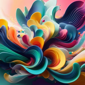 splash, swirly waves, beams of light, minimalistic colourful organic forms, energy assembled, layered, depth, alive vibrant, 3D, abstract, floating particles