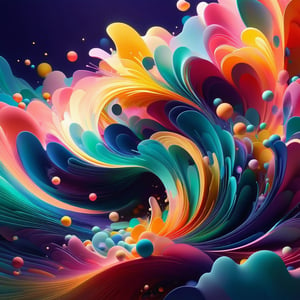 splash, swirly waves, beams of light, minimalistic colourful organic forms, energy assembled, layered, depth, alive vibrant, 3D, abstract, floating particles