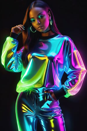 A beautiful hip-hop girl wearing Luminescent Clothing-in-the-dark shirt,LuminescentCL,glass shiny style