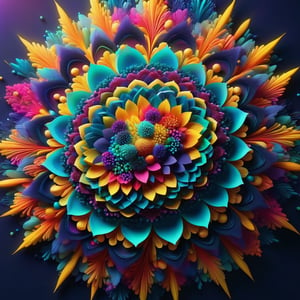 mandala, surrounded by floating particles, colourful organic forms, energy assembled, depth, alive vibrant, 3D, glowing, intricate details, octane render, photorealistic, dark background, soft natural light