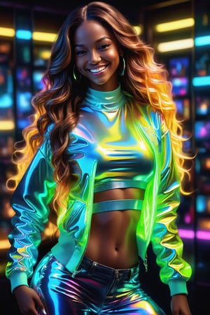 A beautiful hip-hop girl wearing Luminescent clothing, glowing-in-the-dark, LuminescentCL, glass shiny style, masterpiece, photo realistic, intricate details,(Smile), ((sexy)), ((flowing hair)), happy


