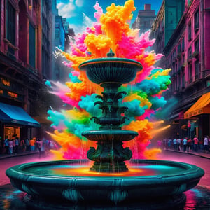 fountain of colorful toxins. bursting with florescent hues. vibrant, Masterpiece, (32k),  enhanced resolution, best quality, enhanced details, best artist, sharp edges, detailed textures, ((full body shot)), atmospheric lighting, visually stunning, perfect composition, trending on behance
