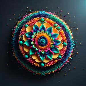 mandala, minimalistic colourful organic forms, energy assembled, depth, 3D, glowing, octane render, photorealistic, surrounded by floating particles, dark background, soft natural light