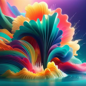 fountain, waves, beams of light, minimalistic colourful organic forms, energy assembled, layered, depth, alive vibrant, 3D, abstract, floating particles