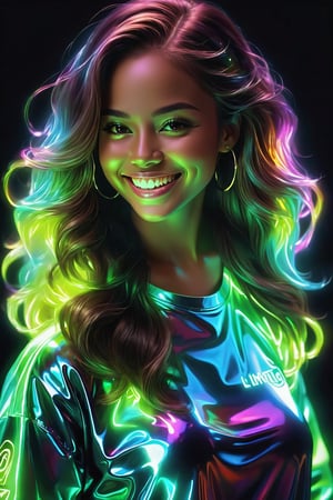 A beautiful hip-hop girl wearing Luminescent clothing, glowing-in-the-dark, LuminescentCL, glass shiny style, masterpiece, photo realistic, intricate details,(Smile), ((sexy)), ((flowing hair)), happy


