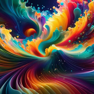 splash, swirly waves, beams of light, colourful organic forms, energy assembled, layered, depth, alive vibrant, 3D, floating particles