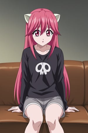 4k resolution (solid crisp lines),Badbrains art style , cute girly, ,lucy, long hair, (pink hair) horns,shorts, (wearing a black slipknot tee-shirt), gray skirt(spiked callor), (pink eyes), ((setting on a couch watching tv and fallimg asleep))