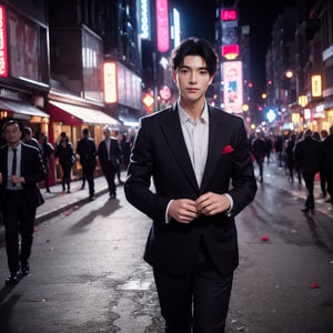 Close-up shot of a well-dressed man (1.2 meters tall) strolling down a vibrant, neon-lit street at night. He sports short, sleek black hair and a crisp suit. His hands cradle a bouquet of fresh roses, their petals gently swaying as he moves. The camera captures the subtle play of light on his features, illuminating the determined expression on his face.,1guy,Ninja