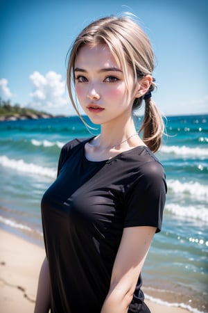 A girl, at the beach, with silver wavy hair, twin ponytails, wearing a black shirt, delicate features, bright eyes, slender figure, 8K, high quality