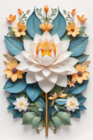 Paint a picture of the perfect balance between art and nature, Incorporate elements like flowers, leaves and other natural patterns to create a unique and intricate design, symmetrical,perfect_symmetry,Leonardo Style,oni style, line_art,3d style, white background