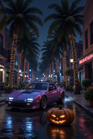 An sleek, neon-lit 80s sports car speeds down the dark street, flanked by towering palm trees. Amidst the eerie atmosphere of Halloween night, vibrant decorations and twinkling lights adorn the surrounding buildings. A large, grinning jack-o'-lantern sits atop a nearby stoop, casting an inviting glow amidst the spooky setting.