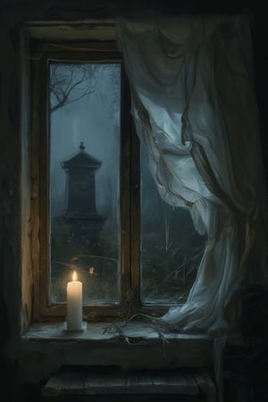 A dark, disturbing close-up image of an external view of a  dusty window with a tattered white curtain to the side, set in an old haunted house. Interior to the window, sitting on the windows, is a lit candle dripping wax down the side. In the background outside that room is just visible a haunting apparition in the candlelight. Tombstone visible through the window. It is night, and the dimly-lit scene is dark and foreboding.,DRK, tombstone