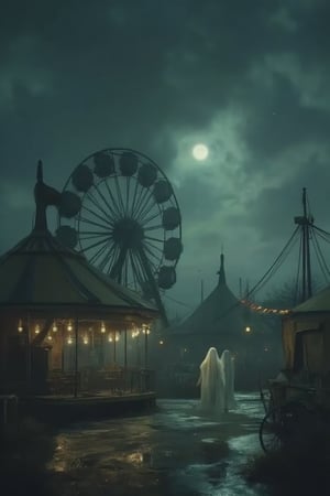 Midjourneyart, An eerie, abandoned carnival set at midnight under a dark, cloudy sky. The rusted rides, such as a dilapidated Ferris wheel and broken-down merry-go-round, loom in the background. Tattered tents flap slightly in the cold wind, their once vibrant colors now faded and torn. Ghostly figures drift silently through the scene, their pale, ethereal forms barely visible in the dim light. The atmosphere is surreal and unsettling, with a sense of foreboding and mystery. Shadows stretch unnaturally long, and distant, haunting sounds of old carnival music faintly echo in the air