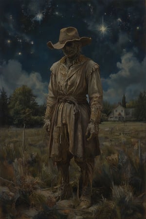 A neoclassical oil painting depicts a weathered scarecrow standing alone in a night field, surrounded by an expanse of starry sky. Soft, diffused light illuminates the intricate details of the scarecrow's worn clothes and straw-filled body. The composition focuses on the central figure, with distant trees and a farmhouse faintly visible against the dramatic backdrop, evoking an eerie yet timeless charm in this rural landscape.,Neoclassical Oil Painting