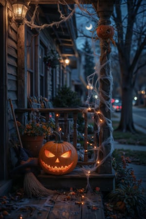 A hauntingly eerie Halloween scene: A jack-o-lantern's glowing face, aglow in the dark of night, sits atop a weathered wooden porch, surrounded by cobweb-covered railings. A witch's hat and broomstick lean against the doorframe, as a crescent moon casts an ominous glow on the deserted suburban street, where candy corn and spider webs adorn the houses, while costumed trick-or-treaters await their sweet treats in the flickering light of porch lamps.,Midjourney_Whisper