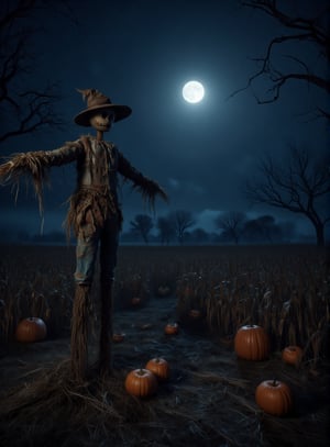 A weathered wooden scarecrow looms in a sprawling cornfield under a deep indigo sky on Halloween night. Its tattered, patchwork clothing flutters in the chilly breeze, and its straw-filled body casts long shadows on the ground. A bright full moon rises behind gnarled trees, casting an eerie glow that highlights the scarecrow's hollow eyes. Dry corn stalks sway gently, and the air is filled with the faint sound of rustling leaves, creating a haunting atmosphere as the scarecrow stands vigil over the darkened field