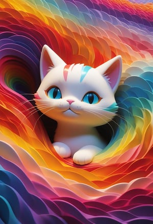 high quality, A beautifully designed cat emerges, adorned with the vibrant hues of the electromagnetic spectrum, Its reflect the intricate patterns of electromagnetic wavelengths, showcasing a mesmerizing array of colors, From the soothing waves of radio frequencies to the visible splendor of light, and the ethereal realms of infrared and ultraviolet, the cat embodies the entire spectrum, The interplay of these waves creates a fantastical display, as the cat gracefully combines and blends the diverse colors of interference waves, The result is a breathtaking masterpiece, where the majestic cat becomes a living embodiment of the electromagnetic spectrum, by yukisakura, high detailed,