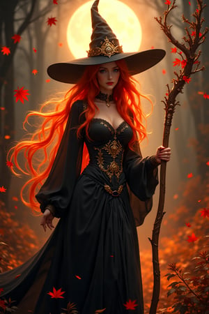 A majestic witch stands tall, illuminated by a soft moonlit glow, amidst autumnal hues of golden light and crimson leaves. Her fiery locks cascade down her back like a river of flames as she grasps a staff adorned with intricate details. A pointed hat sits atop her head, framed by the studio's sharp focus. Her face, a masterpiece of perfect features, is bathed in a warm, mystical light. Flowing robes billow behind her, disappearing into shadows that seem to whisper secrets. The witch's majestic presence invites the viewer to step into her mystical realm, where enchantment and wonder await.