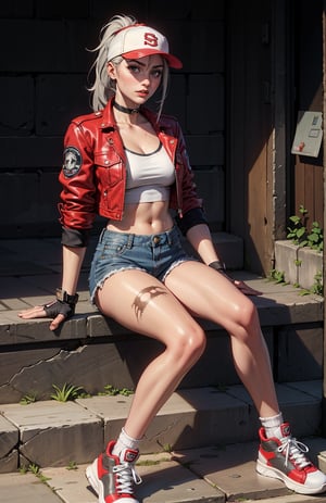 hot terry bogard girl, grey hair, ponytail, red eyes, long hair, (black short jacket), baseball cap, fingerless gloves, denim shorts, Detailed face, standing, scars, serious expression, tattoos, choker, looking at camera, perfect hands, beautiful face, city, perfect body, sitting on the stair, sneakers, rounded breast,girl,dabuFlatMix_v10.safetensors,More Detail