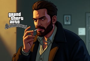 A tall, stout young man in his early 20s with a subtle beard and brown eyes, dressed in a gangster-style badass outfit, smoking a cigarette with a confident demeanor. The scene is captured in 4K resolution, showcasing a masterpiece composition. The lighting is dramatic, highlighting his bold attire and intense expression. The background is urban and gritty, emphasizing his gangster persona and powerful presence.,gtastyle,A stylized illustration of a character from Grand Theft Auto,shadow,San Andreas,poster text "'GRAND THEFT AUTO''SAN ANDREAS'"