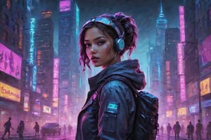 In a africa gritty cyberpunk metropolis, The Explorer morphs into a stunning digital painting, bathed in neon hues and high-contrast lighting. Her portrait, akin to Henriette Kaarina Amelia von Buttlar's realistic artwork, exudes fashion sense and tenacity. Framed by towering skyscrapers and holographic advertisements, Her visage dominates the composition, her eyes gleaming like LED lights in a darkened alleyway. Amidst this dystopian landscape, her pose screams defiance, as if ready to conquer the virtual realm with nothing but a backpack full of digital gadgets.