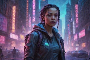 In a africa gritty cyberpunk metropolis, The Explorer morphs into a stunning digital painting, bathed in neon hues and high-contrast lighting. Her portrait, akin to Henriette Kaarina Amelia von Buttlar's realistic artwork, exudes fashion sense and tenacity. Framed by towering skyscrapers and holographic advertisements, Her visage dominates the composition, her eyes gleaming like LED lights in a darkened alleyway. Amidst this dystopian landscape, her pose screams defiance, as if ready to conquer the virtual realm with nothing but a backpack full of digital gadgets.