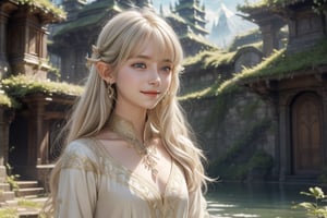 elvish city in forest, fantasy forest, temple, moutain, water, royal dress, short neck, looking at me, looking into my eyes, open sky, half body view, straight camera from front, cowboy photoshoot, eye level shoot, front shoot, 1 girl, very short neck, very bright backlighting, solo, {beautiful and detailed eyes}, dazzling light, calm expression, natural and soft light, hair blown by the breeze, delicate facial features, white blonde hair, Blunt bangs, beautiful elvish girl, eye smile, laugh, very small earrings, 16yo, film grain, realhands, shy smile,Realism, looking towards me, body towards me, fantasy landscape, fantasy background, friendly setting, elegant buildings, elven like buildings, fantays city, ,nodf_lora,1girl