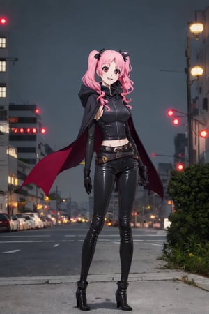 masterpiece, perfect face, megumi shimizu, 1girl, solo, smile, full body, day, city, night, leather pants, hooded cape and cloak, hood up, heels boots, white gloves