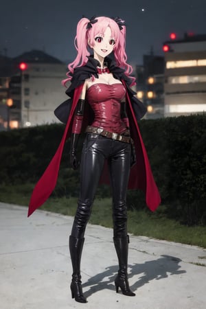 masterpiece, perfect face, megumi shimizu, 1girl, solo, smile, full body, day, city, night, leather pants, black cape and cloak, heels boots, white gloves