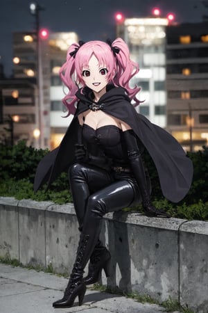 masterpiece, perfect face, megumi shimizu, 1girl, solo, smile, full body, day, city, night, leather pants, black cape and cloak, heels boots, white gloves