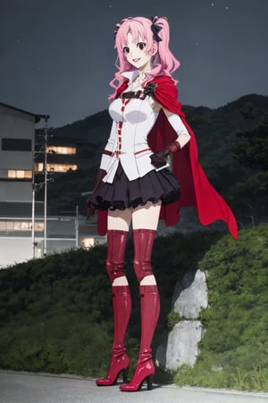 masterpiece, perfect face, megumi shimizu, 1girl, solo, smile, full body, day, city, night, Daraku outfit, cape and cloak, heels boots, white gloves