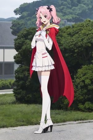 masterpiece, perfect face, megumi shimizu, 1girl, solo, smile, standing , cape covering full body, long cape, white gloves, hood up, heels, 