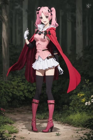 masterpiece, perfect face, megumi shimizu, 1girl, solo, smile, full body, forest, cape covering full body , hooded cape and cloak, heels boots, white gloves, hood up