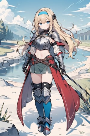 long hair,Blonde hair,blue eyes , young adult,middle breasts,armor,Full body,Blue short skirt,silver shin guards,headband,breastplate,river