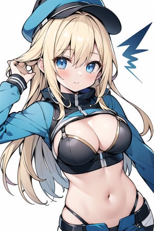 Long hair,Blonde hair,blue eyes , young adult,middle breasts,Oblique Angle,Blue hunting cap with brim,