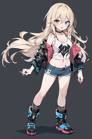 Blonde blue eyes long hair hair between eyes , middle hair,young adult,full body,beautiful breasts,choker,short tank top,short pants,punk rock fashion,jacket