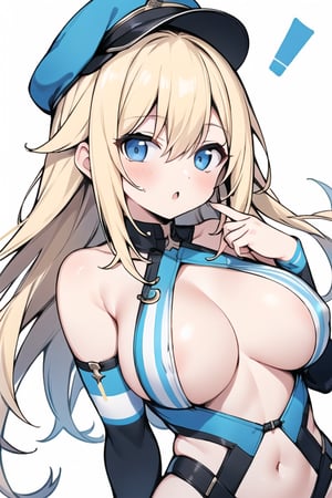 Long hair,Blonde hair,blue eyes , young adult,middle breasts,Oblique Angle,Blue hunting cap with brim,