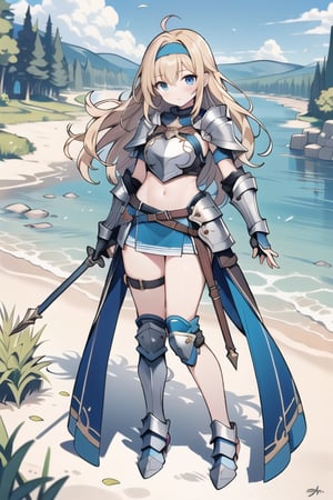 long hair,Blonde hair,blue eyes , young adult,middle breasts,armor,Full body,Blue short skirt,silver shin guards,headband,breastplate,river