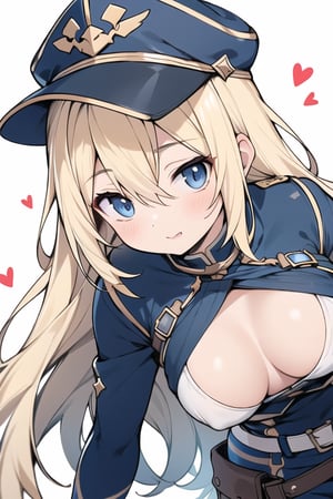 Long hair,Blonde hair,blue eyes , young adult,middle breasts,high Angle,Blue hunting cap with brim,