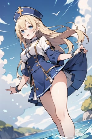 Long hair,Blonde hair,blue eyes , young adult,middle breasts,priest clothes,Low Angle,Blue short skirt,river,Blue hunting cap